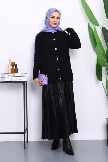 Siyah Bisiklet Yaka Angora Yumoş Hırka