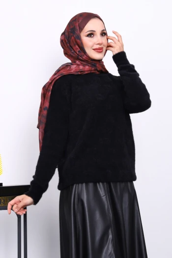 Siyah Bisiklet Yaka Angora Yumoş Triko Kazak