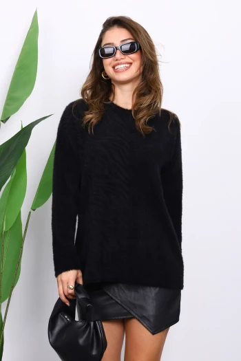 Siyah Bisiklet Yaka Angora Yumoş Triko Kazak