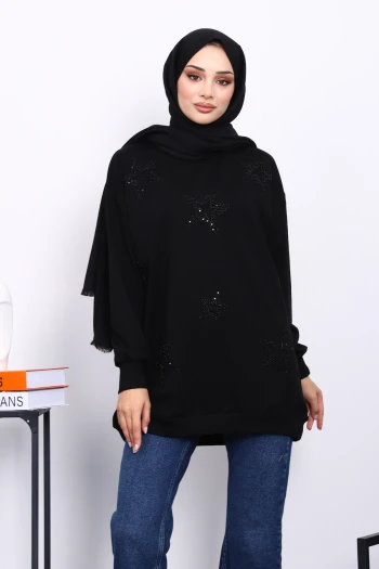 Siyah Bisiklet Yaka Taşlı Modal Sweatshirt