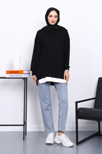 Siyah Bisiklet Yaka Yan Fermuarlı Tunik