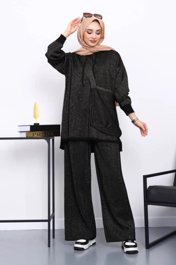 Siyah Çantalı Simli Tunik Pantolonlu Triko Takım