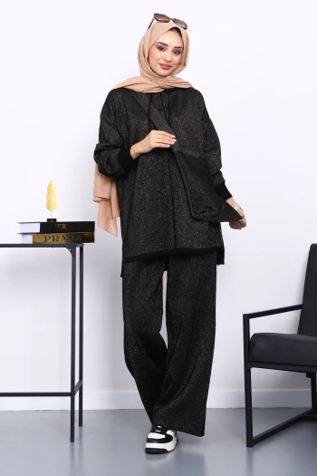 Siyah Çantalı Simli Tunik Pantolonlu Triko Takım