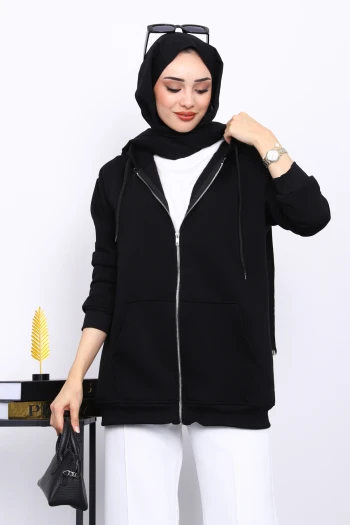 Siyah Cepli Fermuarlı Üç İplik Kapşonlu Sweat