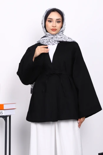 Siyah Cepli İp Detaylı Kanvas Ceket