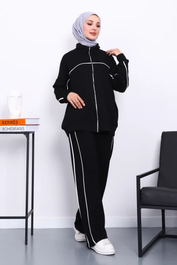 Siyah Çift Cepli Fermuarlı Biyeli Takım