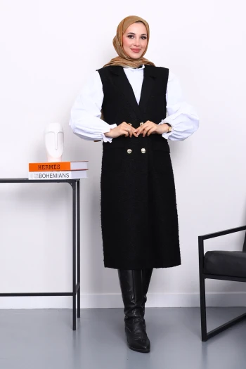 Siyah Düğmeli Uzun Buklet Yelek