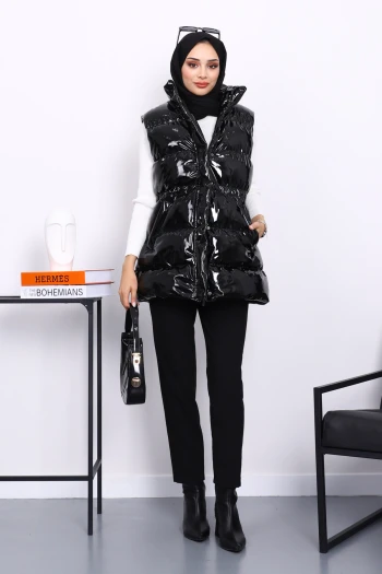 Siyah Fermuarlı  Şişme Rugan Yelek