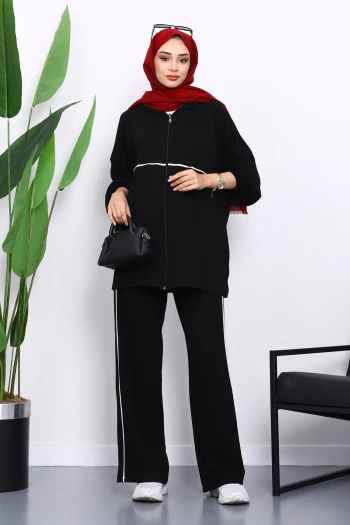 Siyah Fermuarlı Sweat Pantolonlu Modal Takım