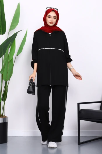 Siyah Fermuarlı Sweat Pantolonlu Modal Takım