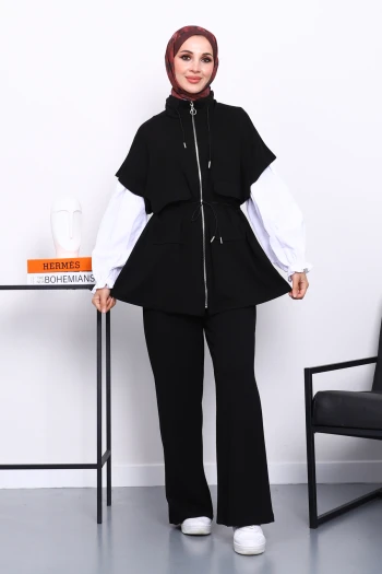 Siyah Fermuarlı Yelek Pantolonlu Modal Takım