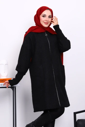 Siyah Fermuarlı Yün Kaşe Kaban