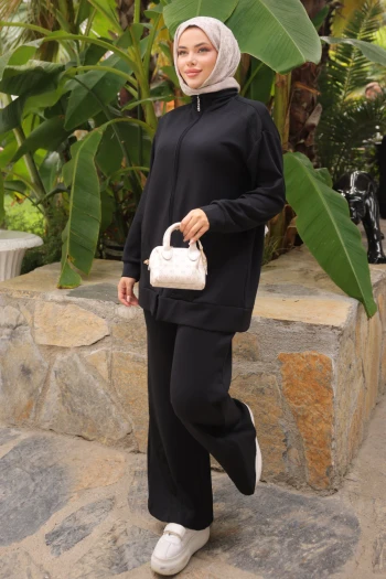 Siyah File Detaylı Fermuarlı Tunik Pantolonlu Takım