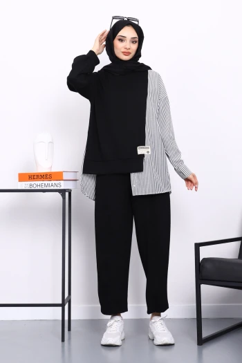 Siyah Garnili Tunik Pantolonlu Çizgili Takım