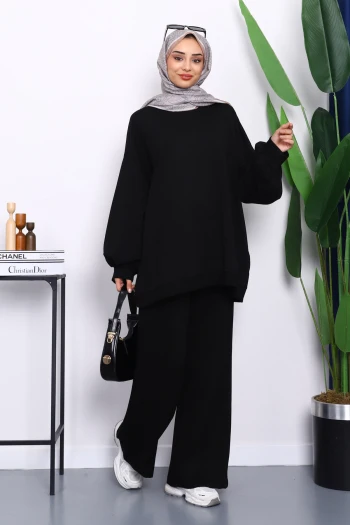 Siyah İki İplik Oversize Pantolonlu Takım