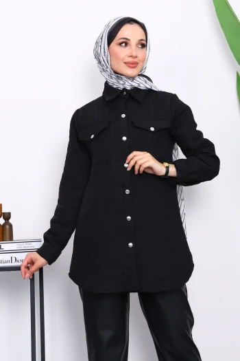 Siyah Kapitone Çıtçıtlı Cepli Ceket