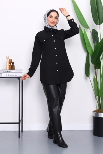 Siyah Kapitone Çıtçıtlı Cepli Ceket