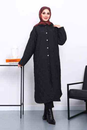 Siyah Kapitone Kapşonlu Trençkot