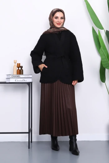 Siyah Kapitone Kuşaklı Astarlı Ceket