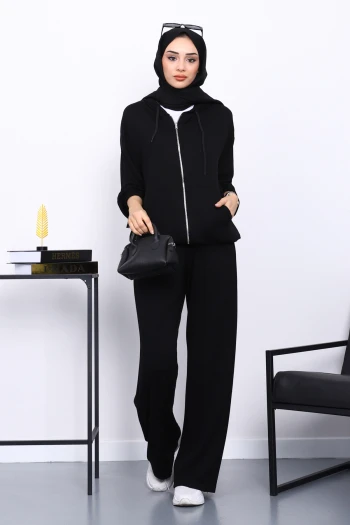 Siyah Kapşonlu Fermuarlı Kanguru Cepli Modal Takım