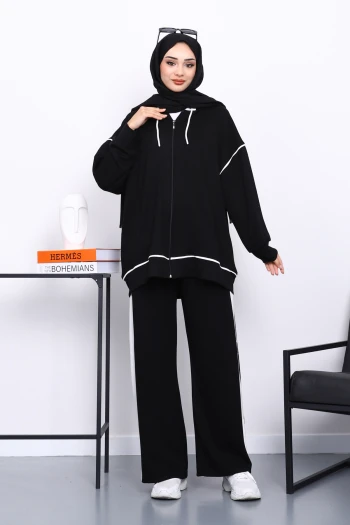 Siyah Kapşonlu Garnili Modal Takım