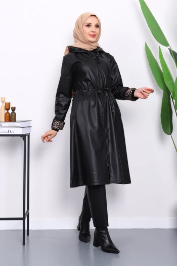 Siyah Kapşonlu Kolu Katlı Deri Trençkot