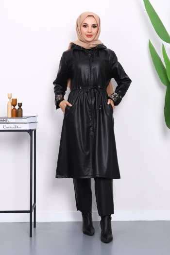 Siyah Kapşonlu Kolu Katlı Deri Trençkot