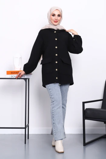 Siyah Kapüşonlu  Düğmeli İnce Kaşe Ceket
