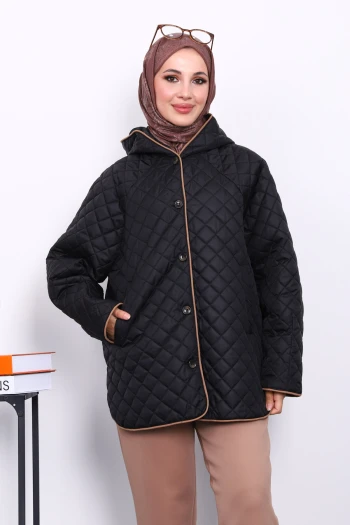 Siyah Kapüşonlu Kapitone Kaban