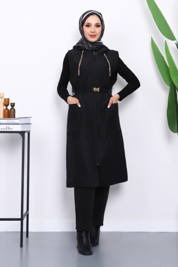 Siyah Kapüşonlu Kemerli Kapitone Yelek