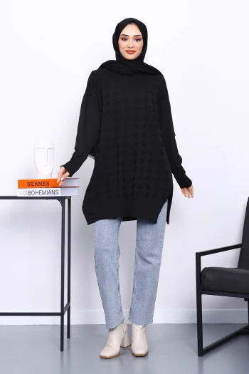 Siyah Kazayağı Desenli Soğuk İplik Triko Tunik