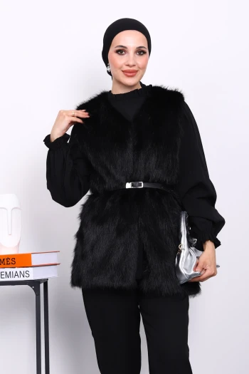 Siyah Kemerli Astarlı Kürk Yelek