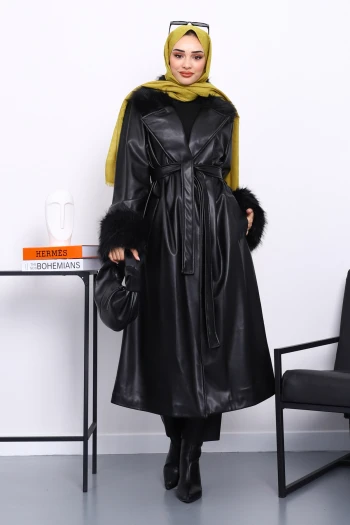 Siyah Kol Yaka Kürklü Deri Trençkot