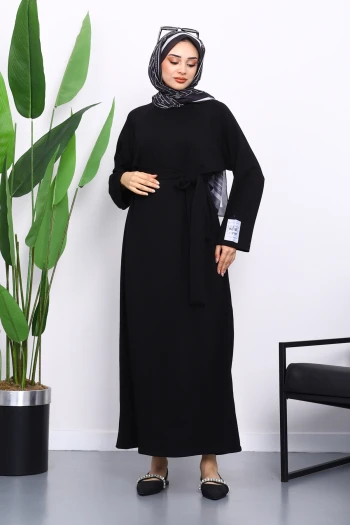 Siyah Kolu Armalı Reglan Kol Basic Modal Kuşaklı Elbise