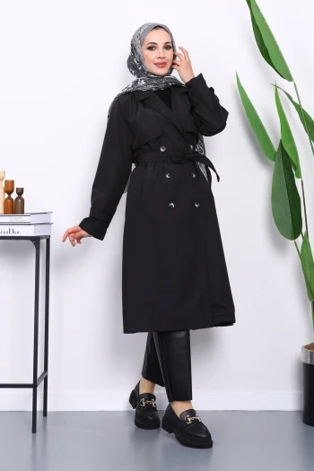 Siyah Kravuze Yaka Bel Kemerli Düğmeli Trençkot