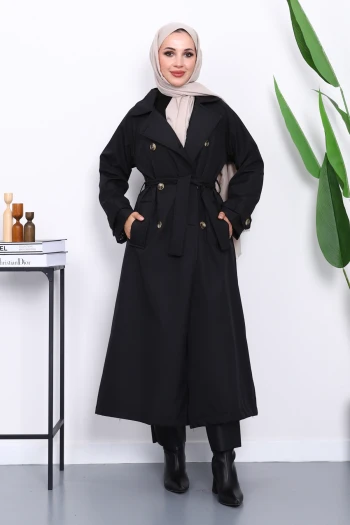 Siyah Kravuze Yaka Kuşaklı Astarlı Trençkot