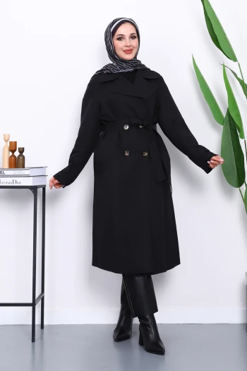Siyah Kruvaze Yaka Astarlı Trençkot