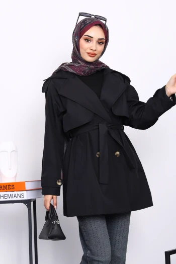 Siyah Kruvaze Yaka Astarlı Trençkot