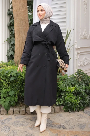 Siyah Kruvaze Yaka Bel Kuşaklı Trençkot