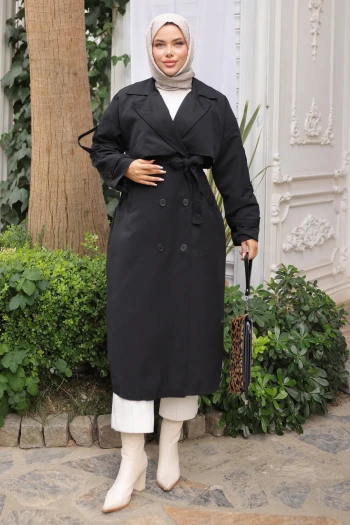 Siyah Kruvaze Yaka Bel Kuşaklı Trençkot