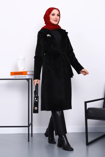 Siyah Kruvaze Yaka Cepli Angora Kaban