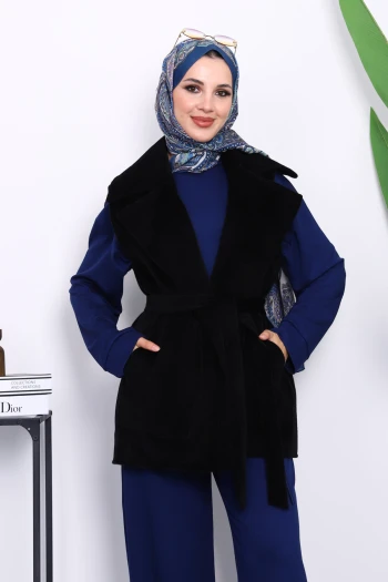 Siyah Kruvaze Yaka Kuşaklı Kaşe Yelek