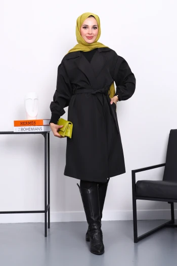 Siyah Kruvaze Yaka Kuşaklı Trençkot