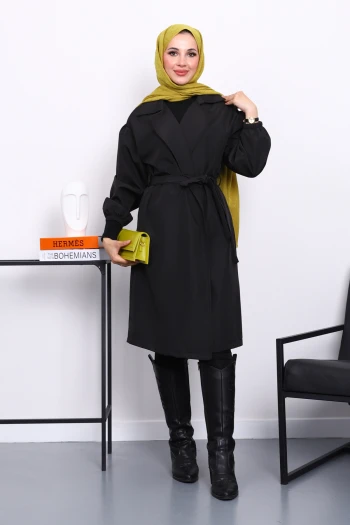 Siyah Kruvaze Yaka Kuşaklı Trençkot