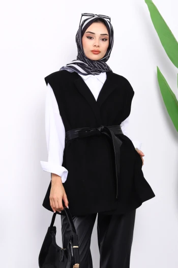 Siyah Kuşaklı Çift Cepli Kaşe Yelek