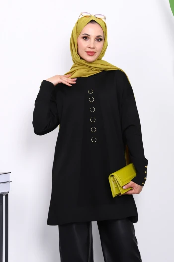 Siyah Ön Detaylı Soğuk İplik Triko Tunik