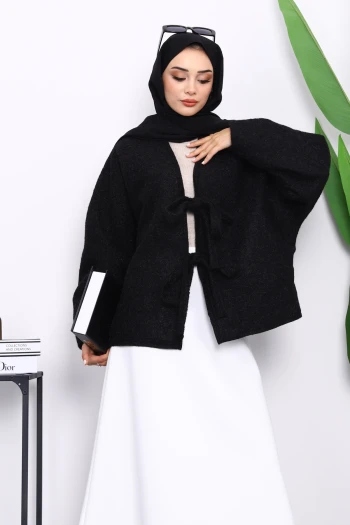 Siyah Önü Bağlamalı Keçe Kimono Ceket