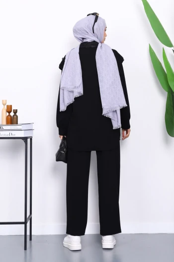 Siyah Pul Payetli Çift Cepli Pantolonlu Takım