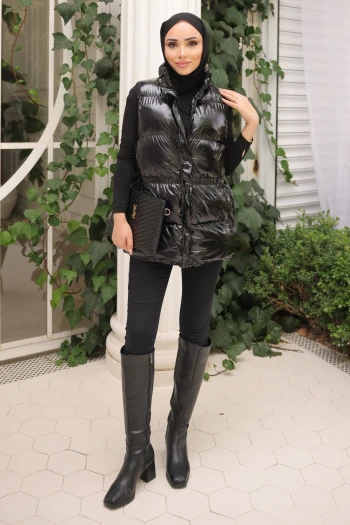 Siyah Rugan Bel Lastikli Yelek