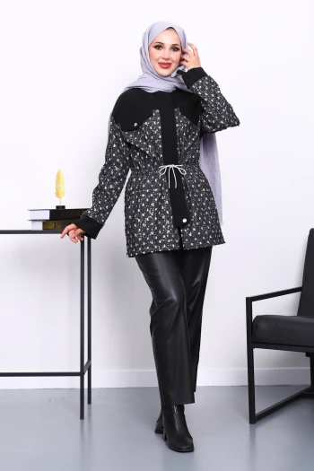 Siyah Sahte Cepli Bel Büzgülü Ceket